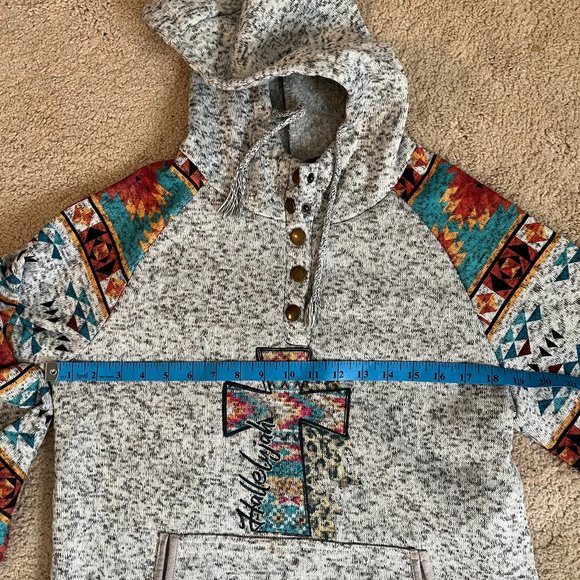 Gray & Aztec Print *Hallelujah* Hoodie | Heather Gray | Kangaroo Pocket | Size L - Picture 3 of 11